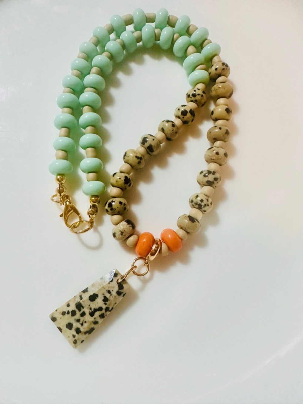 Dalmatian Jasper Pendant Necklace with Mint and Orange Beads